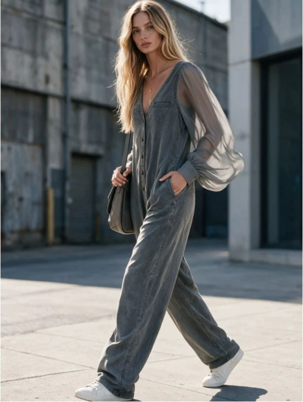 H&M Vintage Denim Wide Leg Jumpsuit with Gray Collar